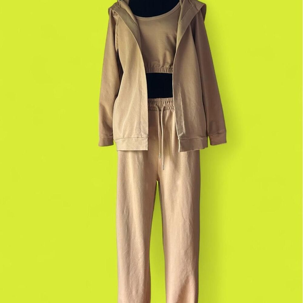 Parisian Tan 3 Piece Matching Set Crop Top Joggers Hooded Jacket